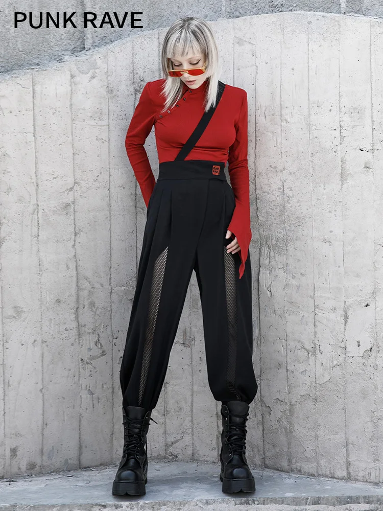 PUNK RAVE Girl's Punk Black Overalls Summer Hollowed-out Sexy Cargo Pants Women Trendiness Slacks Casual Trousers Streetwear