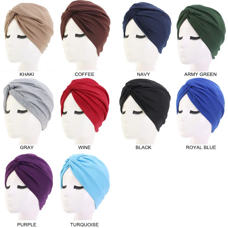 

Solid Hair Hats Twist Cap Beanie Scarf Indian Hair Loss Cover Chemotherapy Bohemian Cotton Muslim Women Elastic Headwear