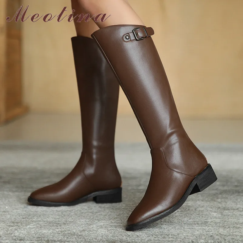 

Meotina Riding Boots Woman Med Heel Knee High Boots Zipper Square Toe Long Boots Buckle Thick Heel Female Shoes Autumn Winter 40