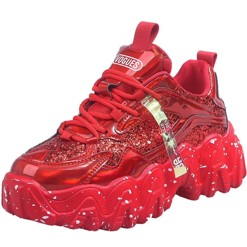Красные кроссовки для женщин осень 2020 модная блестящая спортивная обувь из ткани