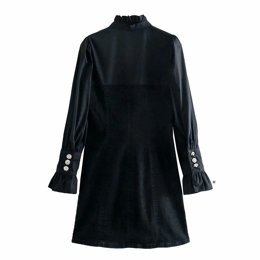 

Spring New Slim Black Mini Dress Cinched Casual Denim Dresses for Women Patchwork Single Breasted Dress