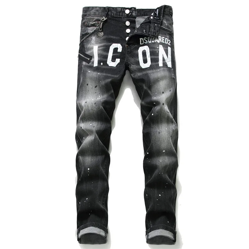 

Black and Gray Paint Cracked Holes Wild European and American Version of Maple Leaf Personality New Jeans Men