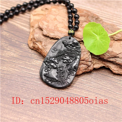 Китайский натуральный черный зеленый нефритовый пейзаж кулон ожерелье