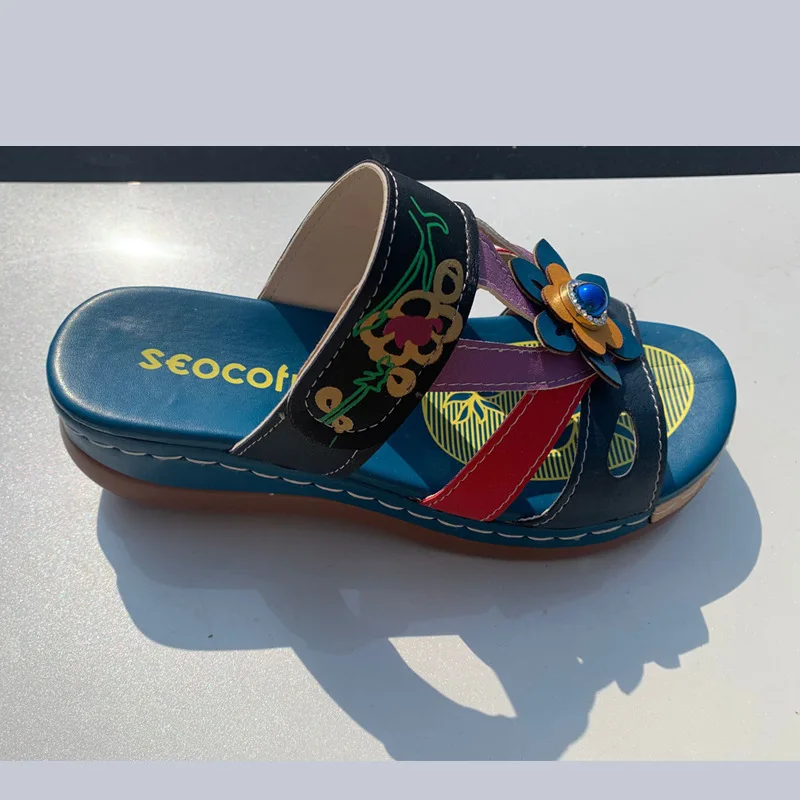 

Large size sandals women's 2020 Summer National style printing high-heeled women's slippers wear outside