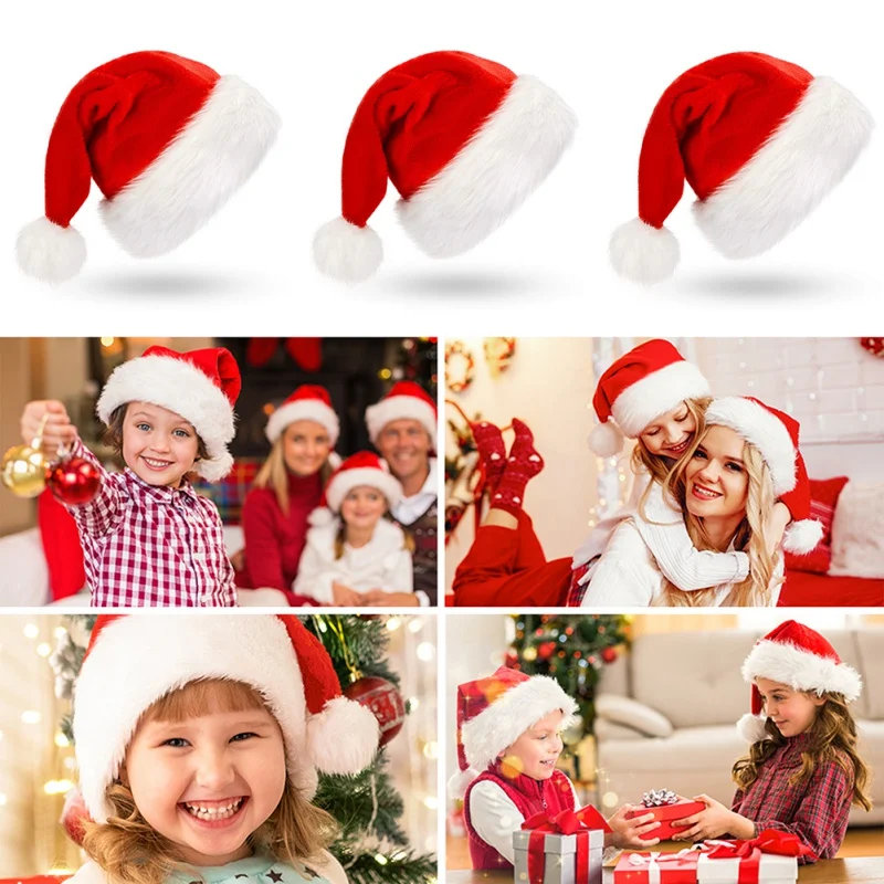 

1/6pcs Christmas Hat Xmas Santa Claus Hat Adult Holiday Hat Thickened Classic Fur Christmas Fesitival Home Decoretion
