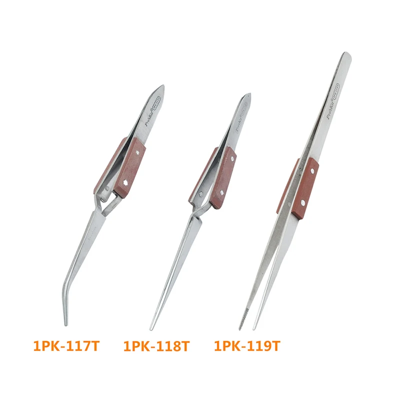 Пинцет Pro'sKit 1PK-119T с деревянной ручкой из нержавеющей стали изогнутый обратного