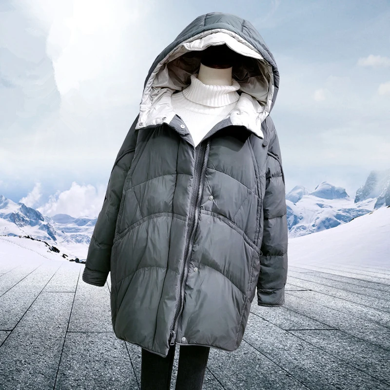 

Down jacket women's mid-length hat brim fashion personality white duck down personality big pocket warm jacket