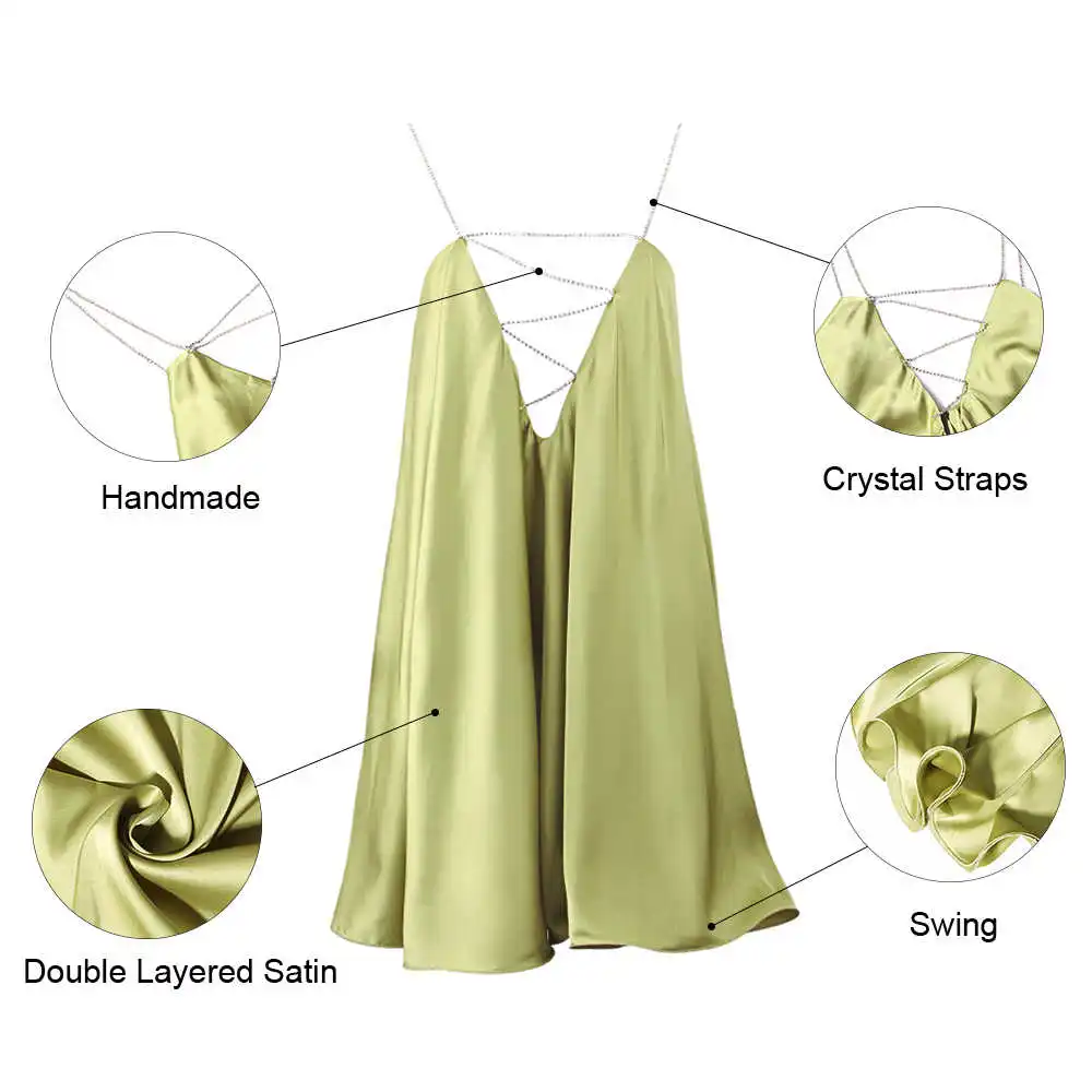 

Diamante Chain Satin Low Back Swing Dress with Iridescent Crystal Straps and Neck Sexy Celebrity Party Club Dresses