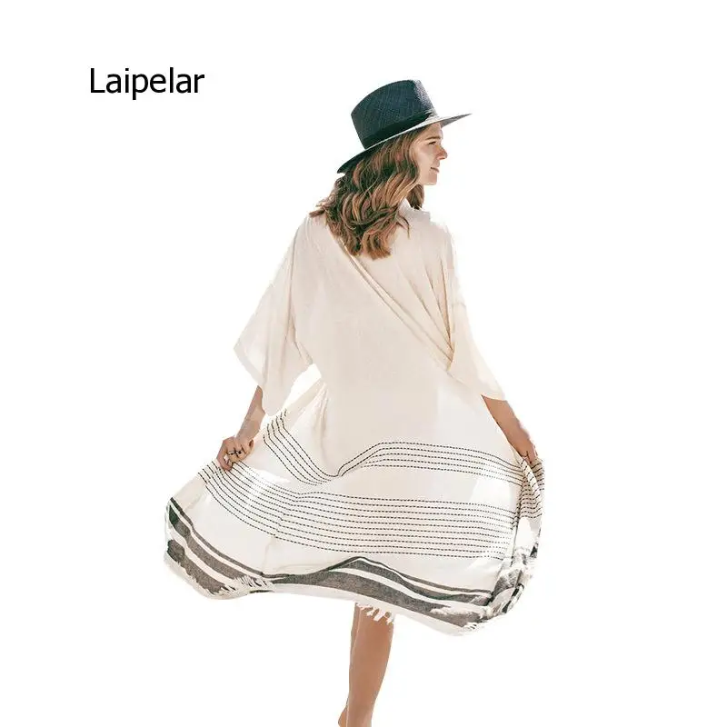

2021 Spring Summer New Design Sunscreen Shirt Stripe Print Sexy Cardigan Long Sleeve Beach Wear