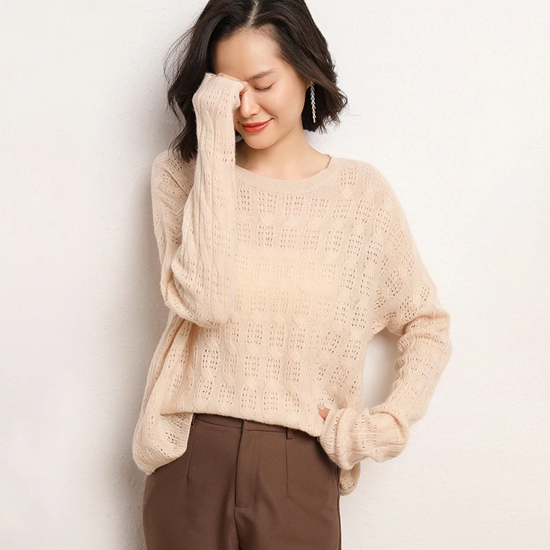 

Fashion O-Neck 100% Cashmere Sweater Women Sexy Pullovers Loose Long Sleeve Tops Girl Clothes Lady Top Oversized 5Colors