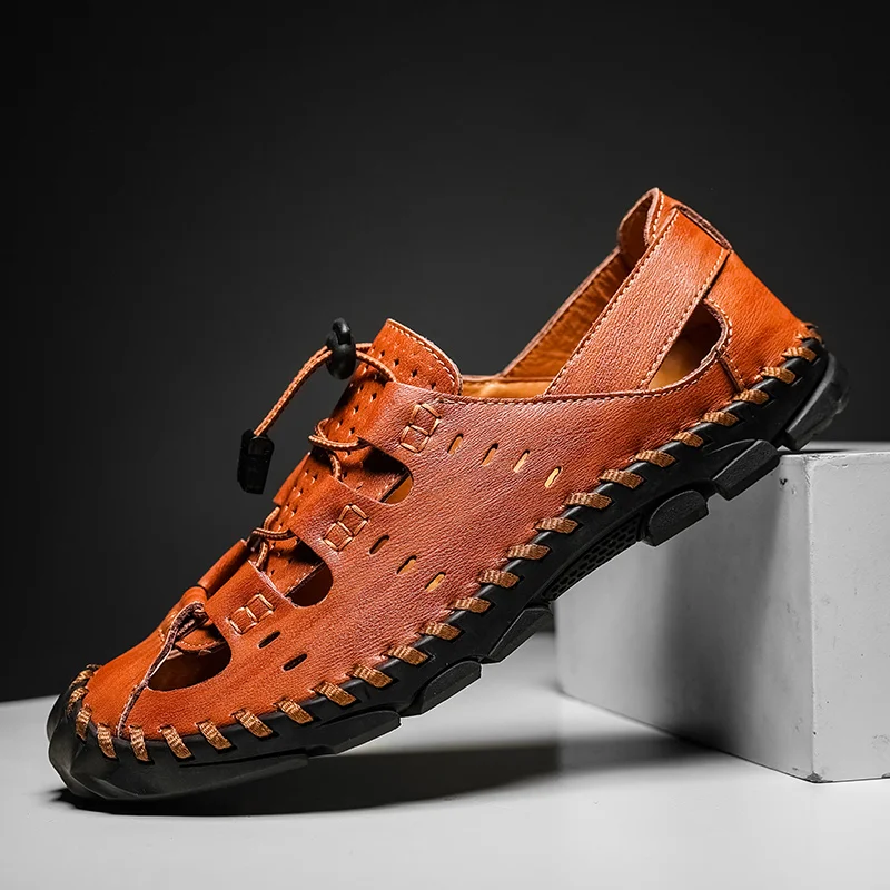 

CYYTL Fashion Summer Outdoor Casual Sandals Breathable Leather Elastic Band Sport Men's Closed Toe Shoes Hand Stitching Beach