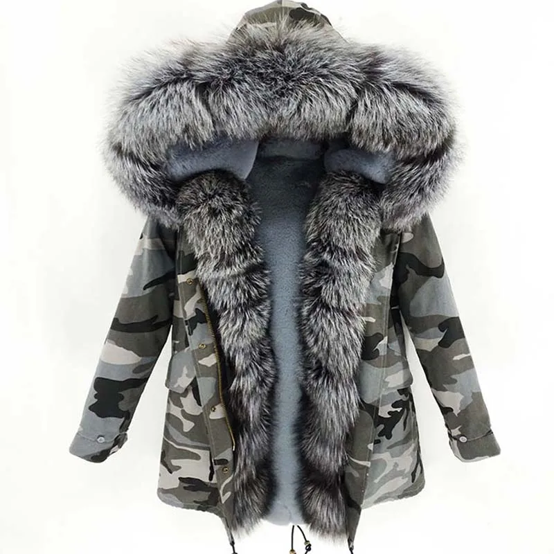Женское пальто на натуральном лисьем меху FURTJY длинная парка с капюшоном теплая