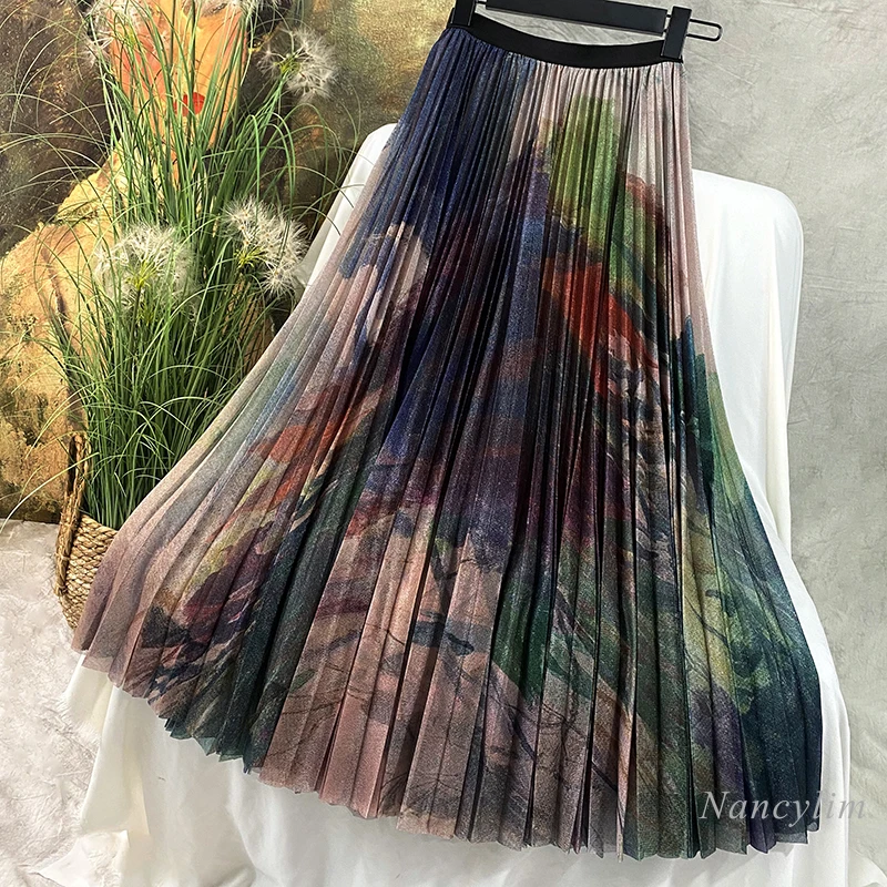 Abstract Pattern Natural Waist Draping Pleated Skirt Women Mid-Length Female 2021 Spring and Autumn New Jupe Femme