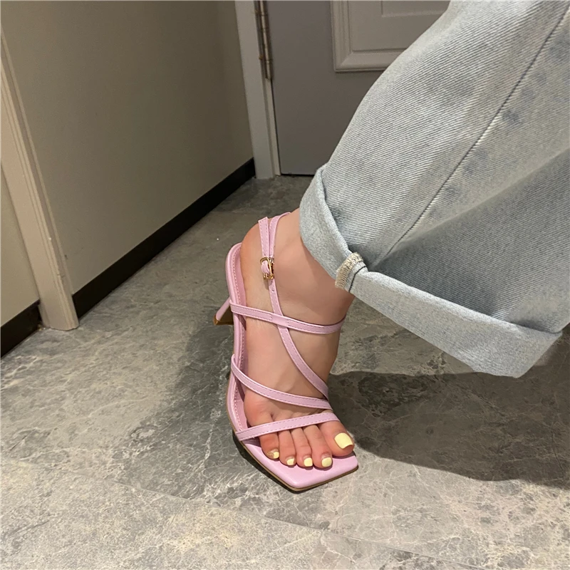 

Women's Sandals Vintage Square Toe Sandals Elegant Ankle Strap Heels Women Office Shoes Low Heel Cross Strappy Sandals High Heel