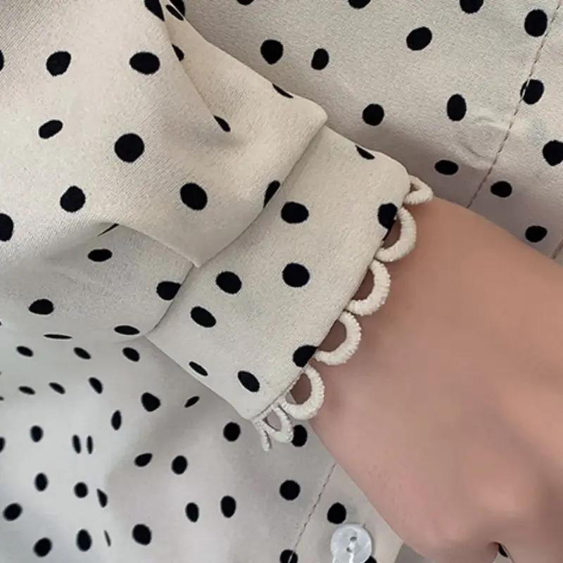 

Summer Fashion Vintage Polka Dot Round Collar Long Sleeve Elegant Chiffon Shirts Women Tops Blusas