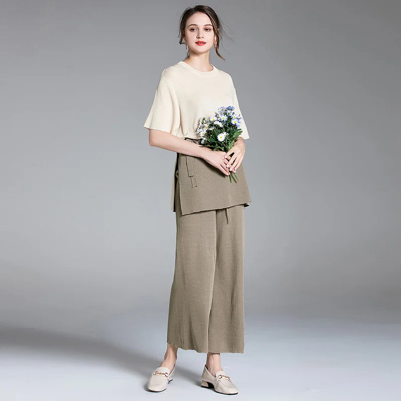 

Europe Fashion Summer Office Lady Two Piece Outfit Elegant Women Runway Designer Color Block Loose Top and Pants Suit Sets