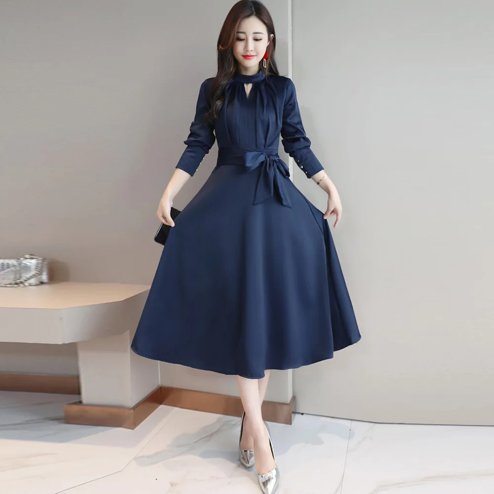 

new spring and autumn women's clothing Korean style elegant fashion women's dress slim fit mid-length plus size bow long sleeve