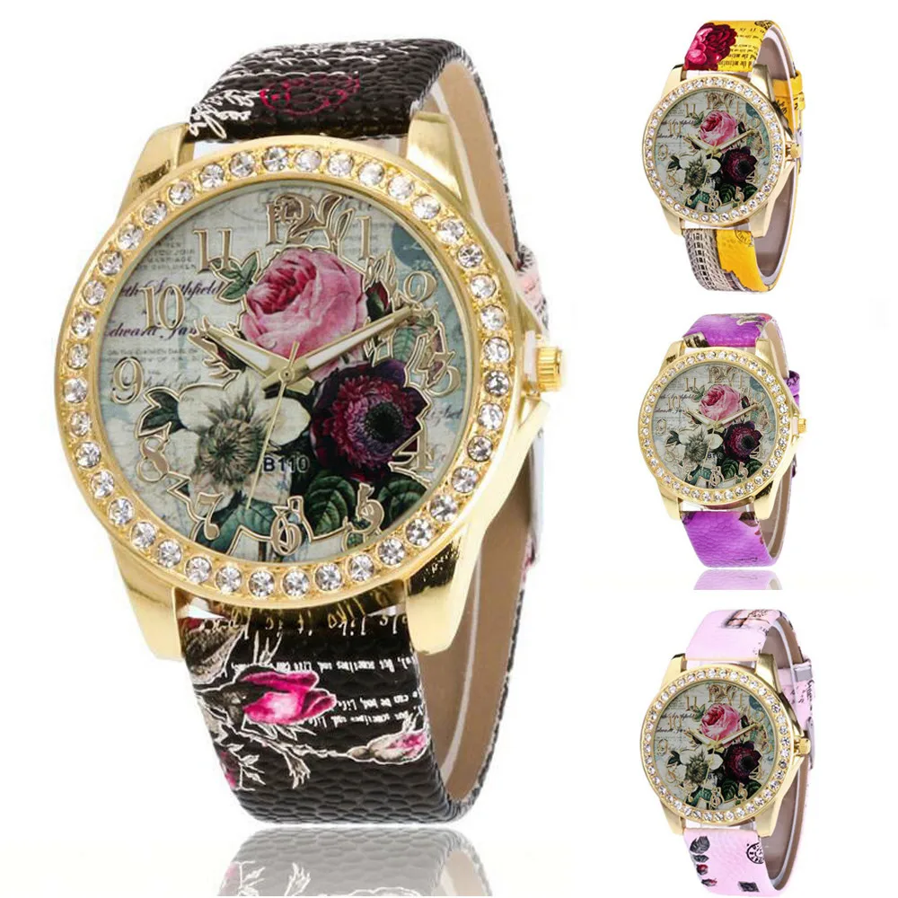 

Fashion Rose Pattern Leather Band Analog Quartz Wristwatches Quartz Dress Women Wrist Watch Relogio Feminino Montre Femme