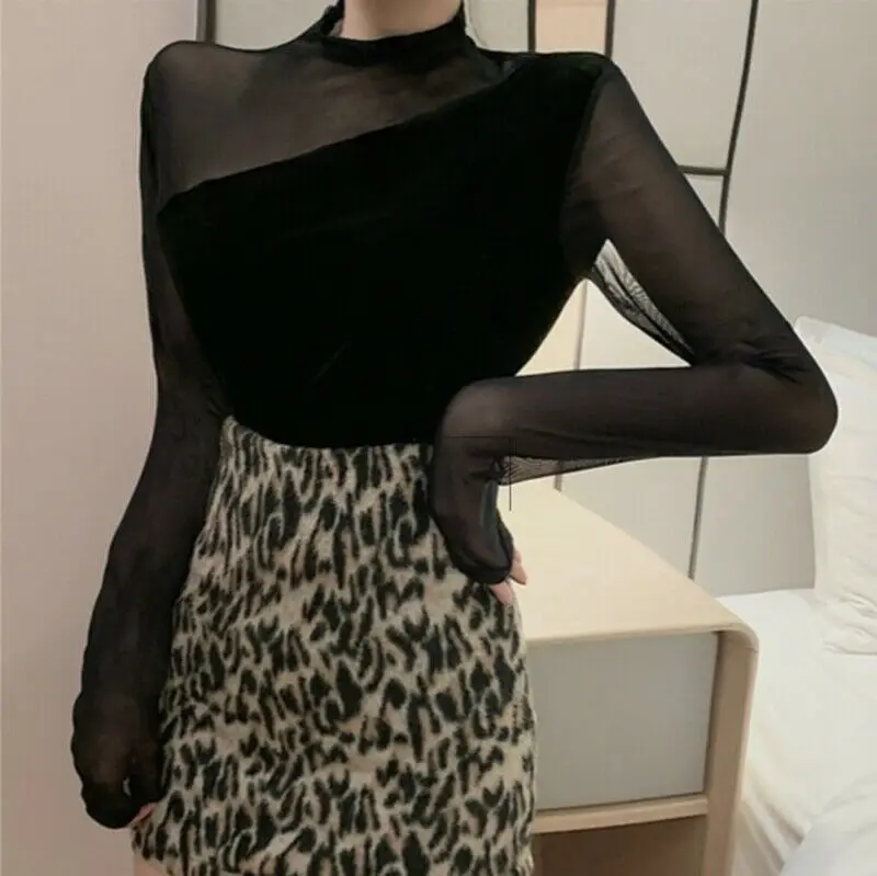 Модная женская сексуальная рубашка с длинным рукавом сетчатые тонкие топы