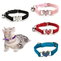 rhinestone heart charm bell cat collar safety adjustable with soft velvet material 8 colors pet product small dog collar