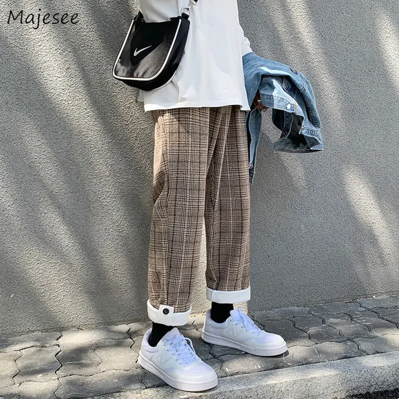 

Men Casual Pants Plaid Harem Woolen Fleece Thickening Winter Trousers Button Elastic Waist Korean Style All-match Ulzzang Chic