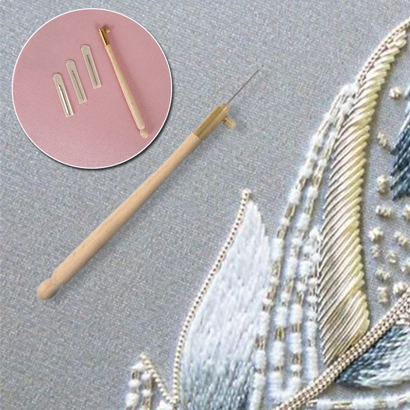 Французский крючок Вышивка Набор инструментов с 3 иглы деревянной ручкой крюк