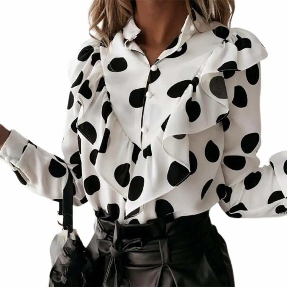 

Elegant Office Lady Shirt Dot Print Ruffles Spring Autumn Temperament Lapel Blouse Shirt Women for Daily Wear