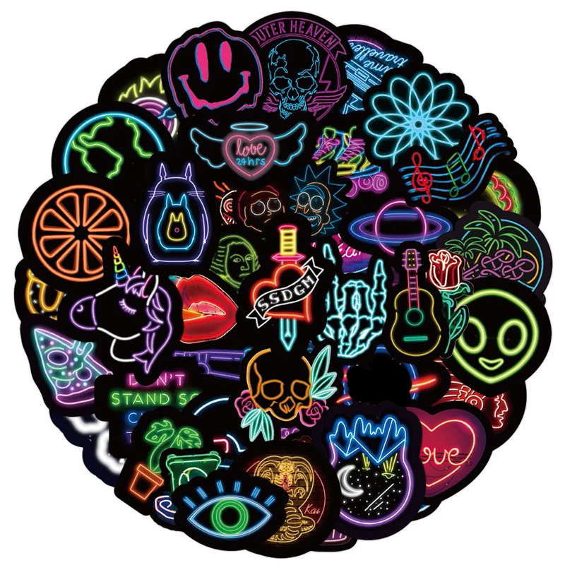 50 Pcs Skateboard Stickers For Children Kids Neon Light Sticker Gifts Toys Anime Decals Laptop Phone Suitcase Guitar Set |