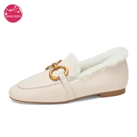 genuine leather shoes woman flat shoes winter warm wool ladies fashion casual loafers female footwear metal decoration