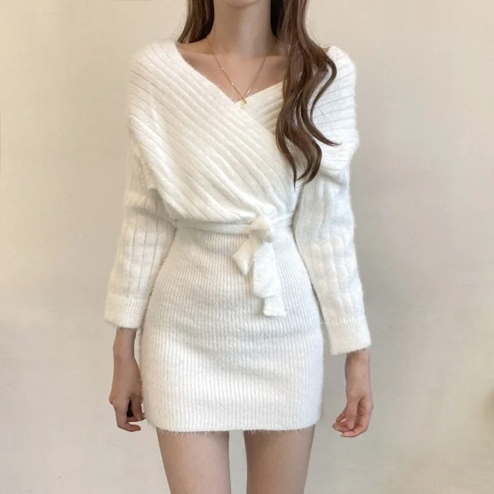 Korean Chic Autumn Cross V-neck Drop-Shoulder Long-Sleeve Lace-up Waist-Controlled Sweater Miniskirt Dress | Женская одежда