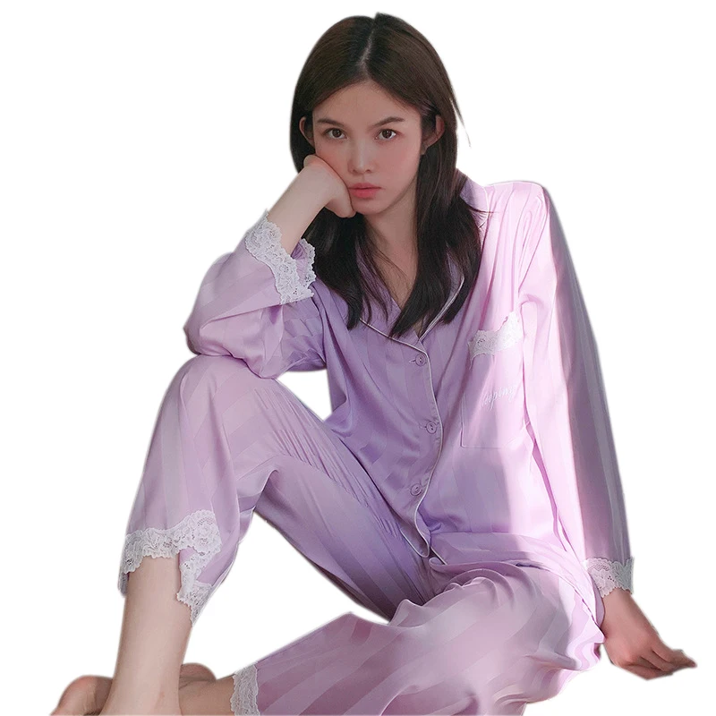 

Women Rayon Lace Pajamas Sets Ladies Striped Faux Silk Bedwear Turn-Down Collar Homewear Comfortable Soft Sleepwear Bestie Gifts