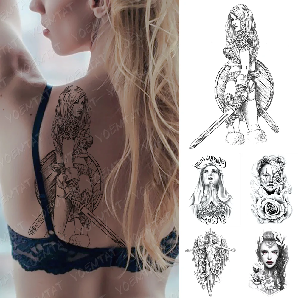 Waterproof Temporary Tattoo Stickers Beauty Viking Warrior Soldier Knife Black Flash Tattoos Female Sketch Body Art Fake Tatoo