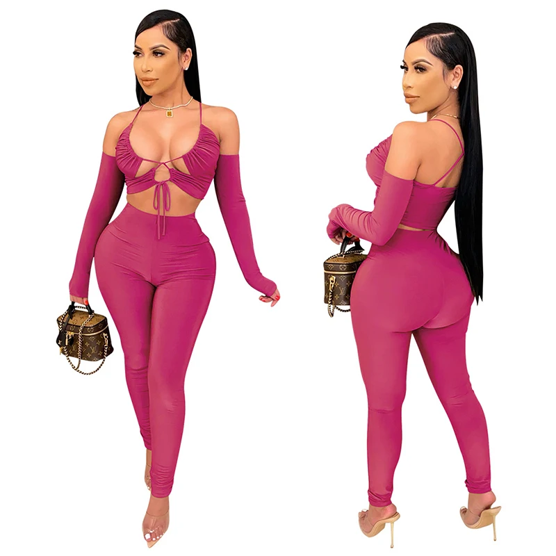 

Женский летний комплект одежды из 2 предметов, модный однотонный костюм с длинными рукавами и брюками, укороченный топ с кулиской, футболка ...