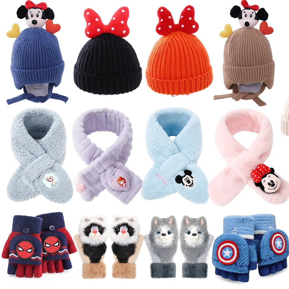 

Baby Bobble Hats Scarves Mittens Children Kids Spiderman Warm Gloves Caps for Girls Boy Newborns Autumn Winter Supplies 2-10T