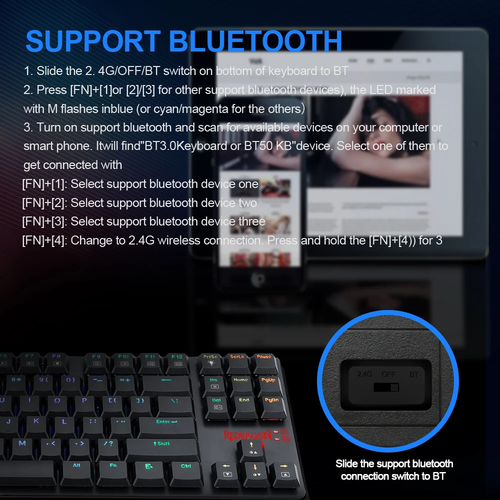 Redragon K607P KBS Aps por RGB поддержка Bluetooth 5 0 Беспроводная USB 2 4G двойной режим Механическая