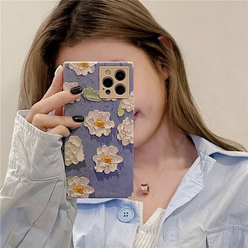 

Iphone Case Ins Art White Oil Painting Flowers 11/12Promax /minix/xs/xr/se Mobile Fangle Phone Case Applicable Phone Case