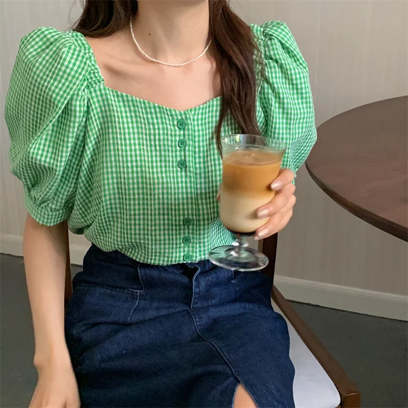 

Summer Shirts Women Green Plaid Chic Casual Korean 2021 Square Collar Geometric High Waist Streetwear Femme Vintage OL Blouses