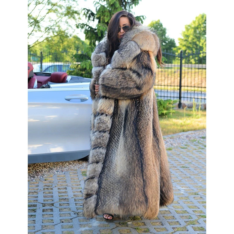 FURSARCAR Luxurious Winter Fur Coat Women Real Natrual Raccon Dog Fur Jacket With Hood 130cm X-Long Plus Size 2021 New