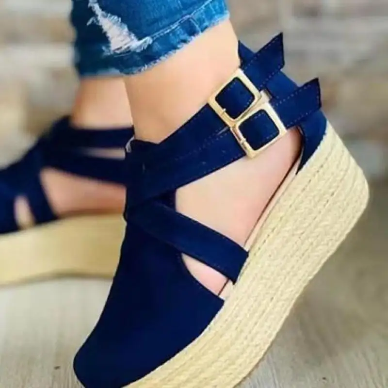 Босоножки женские на танкетке винтажные соломенные туфли толстой платформе с