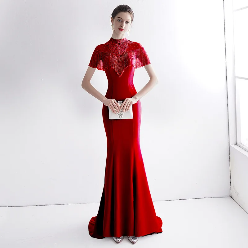 

Women's formal prom evening dress beading chiffon mermaid long wedding party dress Plus size Ceremony Bespoke Occasion Dress