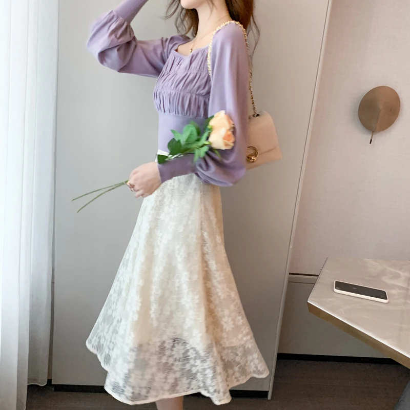 

High Quality Cotton Blouse 2021 Spring Tops Elegant Shirt for Women crop Clothing Purple Kpop Female Long Sleeve Tee Knitted