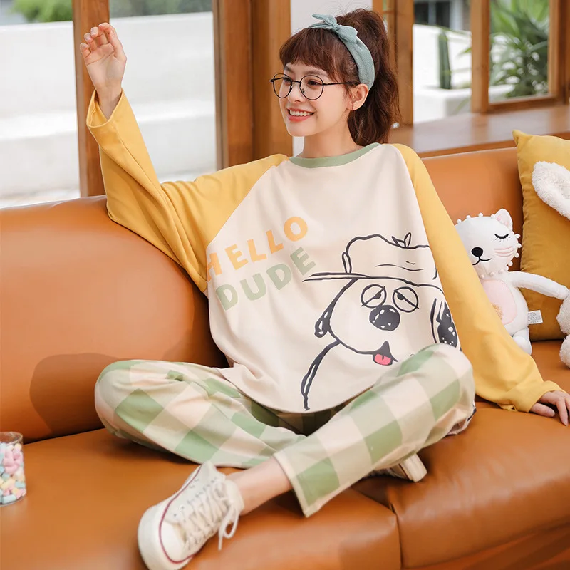 Желтый освежающий пижамный комплект для женщин осенняя хлопковая одежда сна