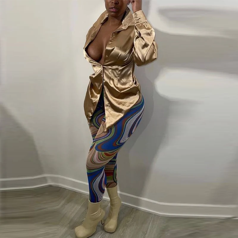 

Elegant Shirt Dress Long Sleeve Satin sexy Bodycon Button Down Dress