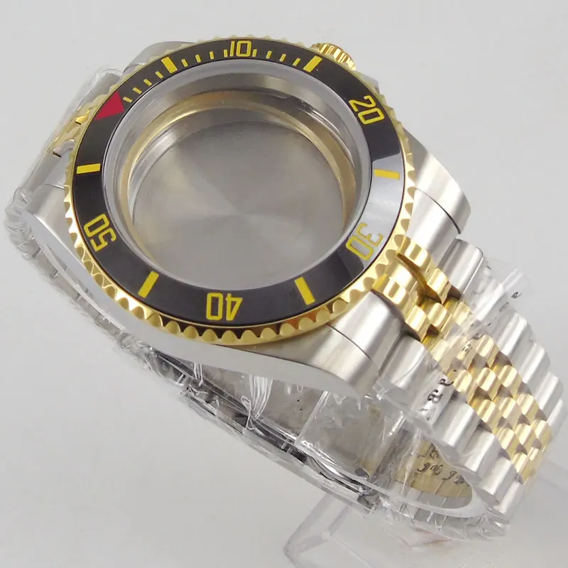 

40MM Two Tone God Coated Watch Case Jubilee Bracelet Sapphire Glass Fit NH35 NH36 ETA MIYOTA No Magnifier Ceramic Bezel Insert