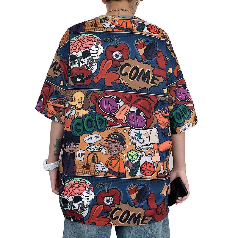 

Anime Street fried short sleeve T-shirt summer oversized loose couple top half sleeve short T-shirt
