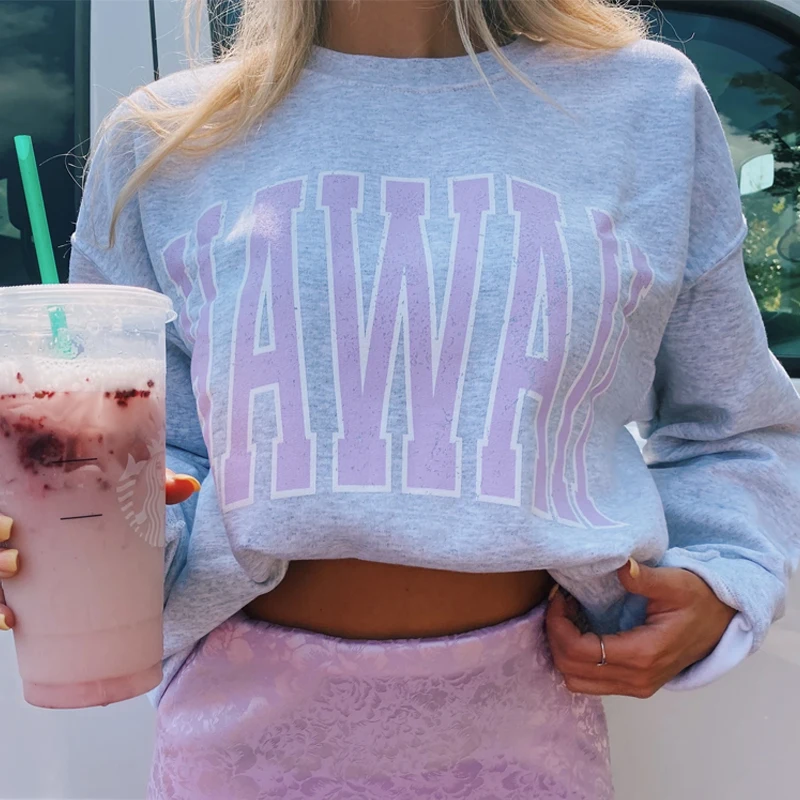 

ORIGINAL Hawaii Lilac Letter Print Casual Vintage Retro Sweatshirt 100% Cotton Pullover Women's Streetwear Tops Crewneck Outfit