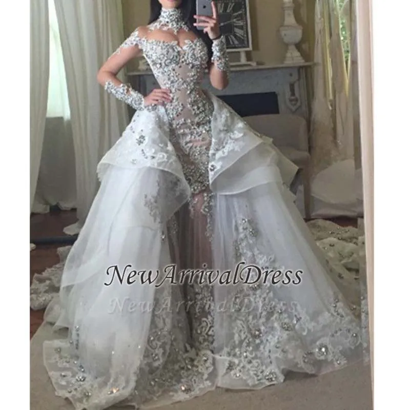 Женское свадебное платье с длинными рукавами роскошное высокой горловиной и