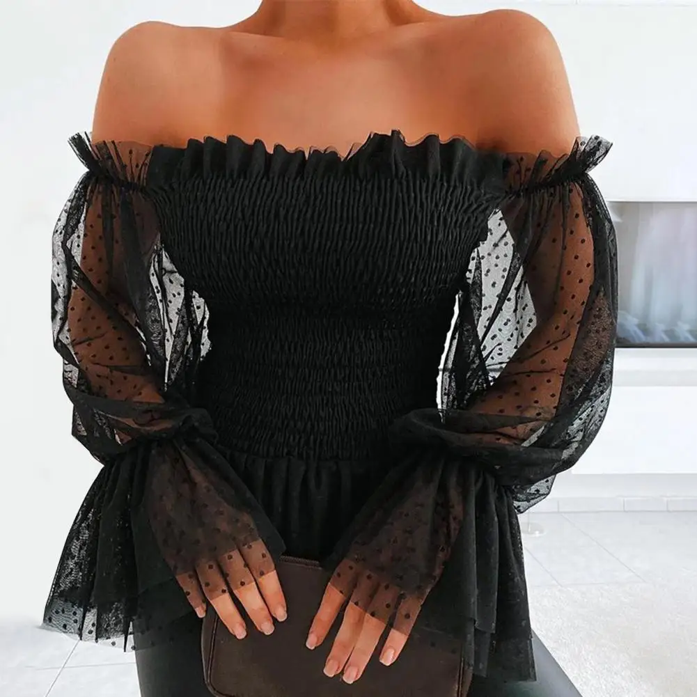 

Sexy Lantern Sleeve Dot Print Blouse Pullover Top Skin-friendly Net Yarn Sleeve