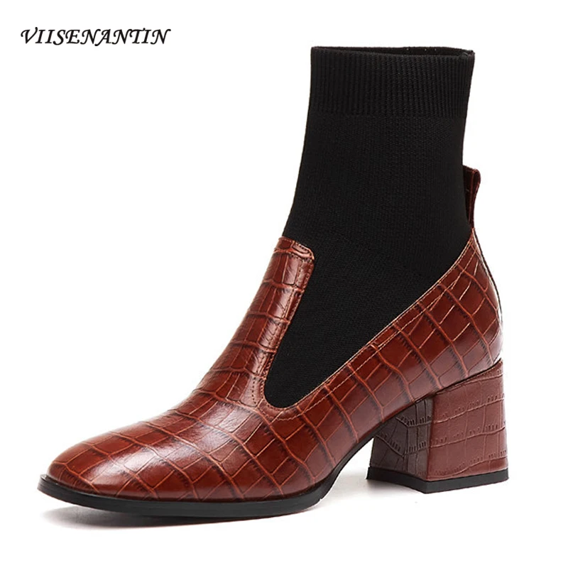 

Stone Pattern Cow Leather Square Toe Stretch Chelsea Short Boots Women's New Thick High Heel Slip-on Black Retro Shoes Designer