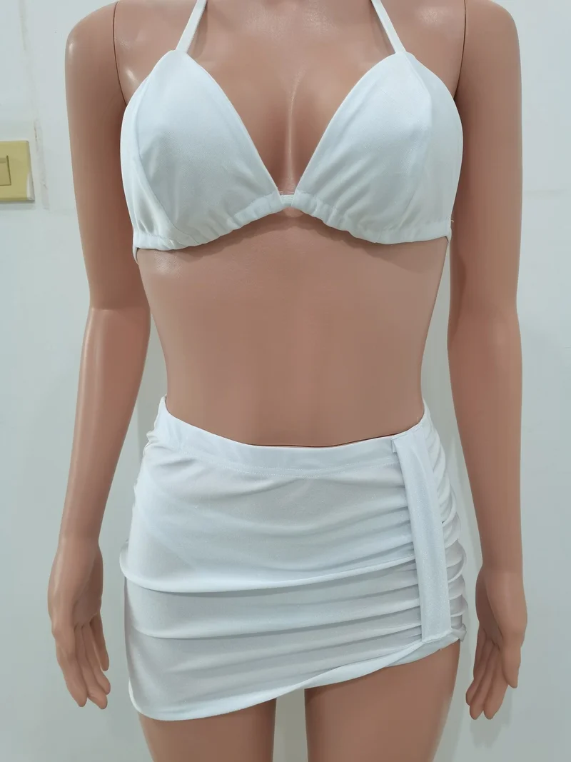 

FIXSYS Women Summer Sexy Sheer Mesh 3 Piece Set Fashion Halter Bra Crop Top Pleated Mini Bodycon Skirt Solid Beach Suit